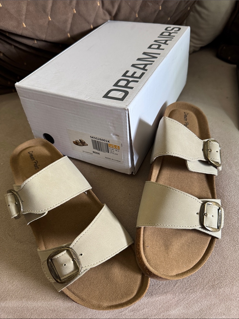 Dream Pairs Cream Double-Buckle Slide Sandals